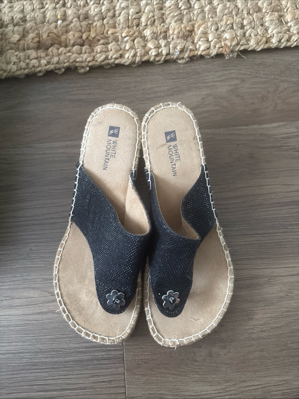Mountain Lake Black Espadrille Thong Sandals with Flower Accent